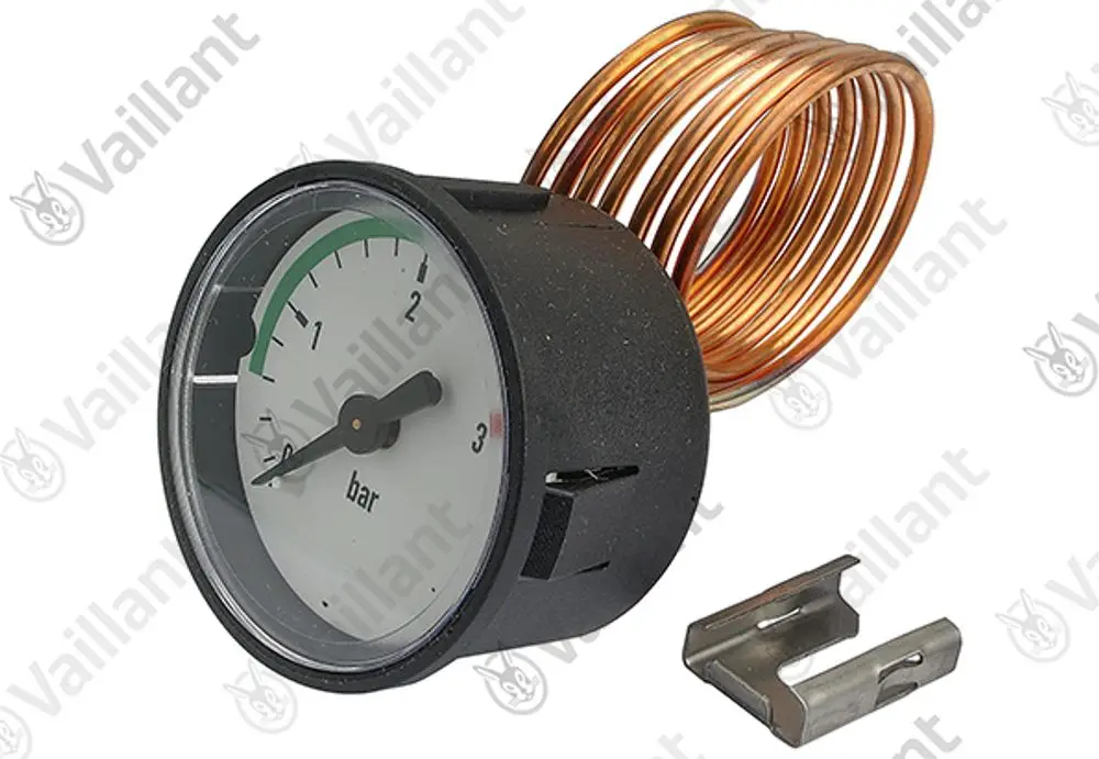 Vaillant-Manometer mit runder Skala zur Druckmessung, befestigt an einer kupfernen Rohrspirale, mit Sichtglas und Metallklammer.